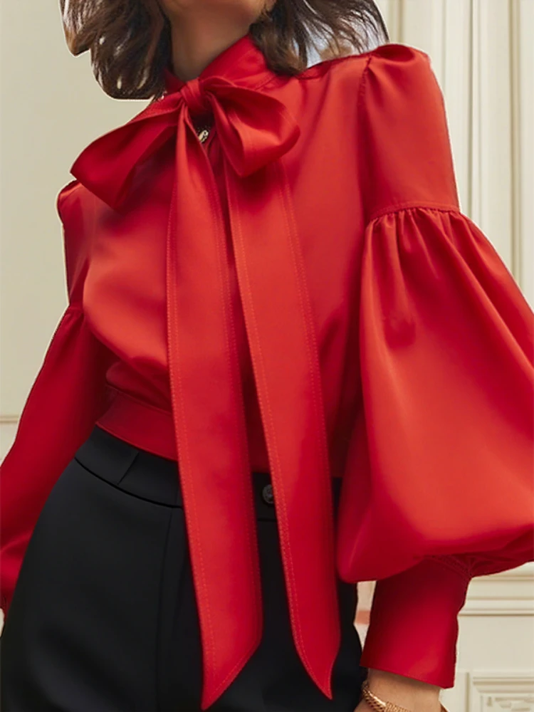 

Gymystar 2025 г., новая модная женская блузка с бантом, топы с пышными рукавами, модные красные свободные топы с воротником-стойкой и бантом, повседневная офисная одежда