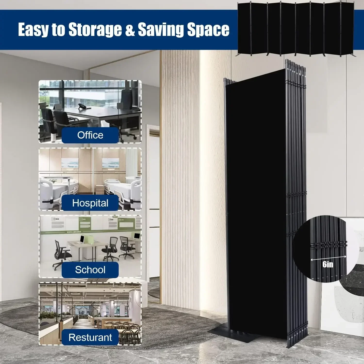 Room Divider 6FT Portable Room Dividers and Folding Privacy Screens, 176'' W Fabric Divider for Room Separation, 8 Panel Partiti