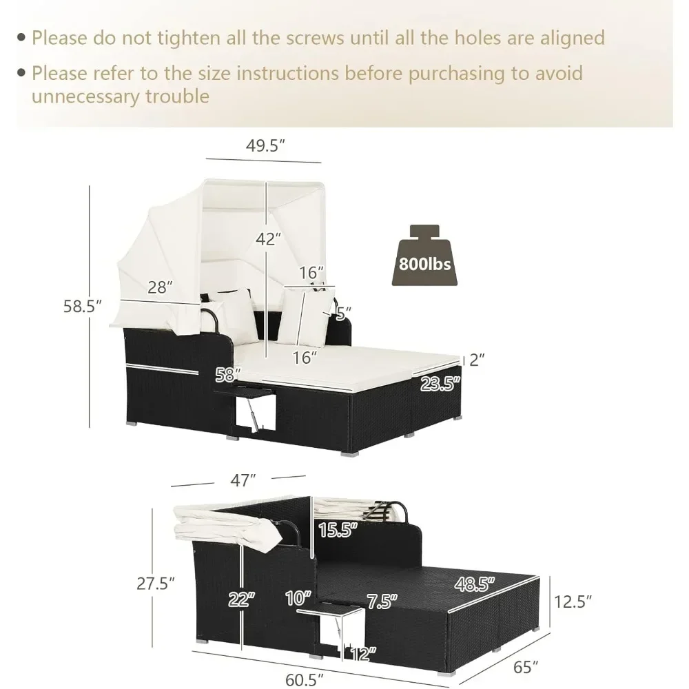 Łóżko ogrodowe, wiklinowa leżanka dla 2 osób z wysuwanym daszkiem, poduszkami i poduszkami dekoracyjnymi, 2 boczne tacki, podwójna sofa na patio