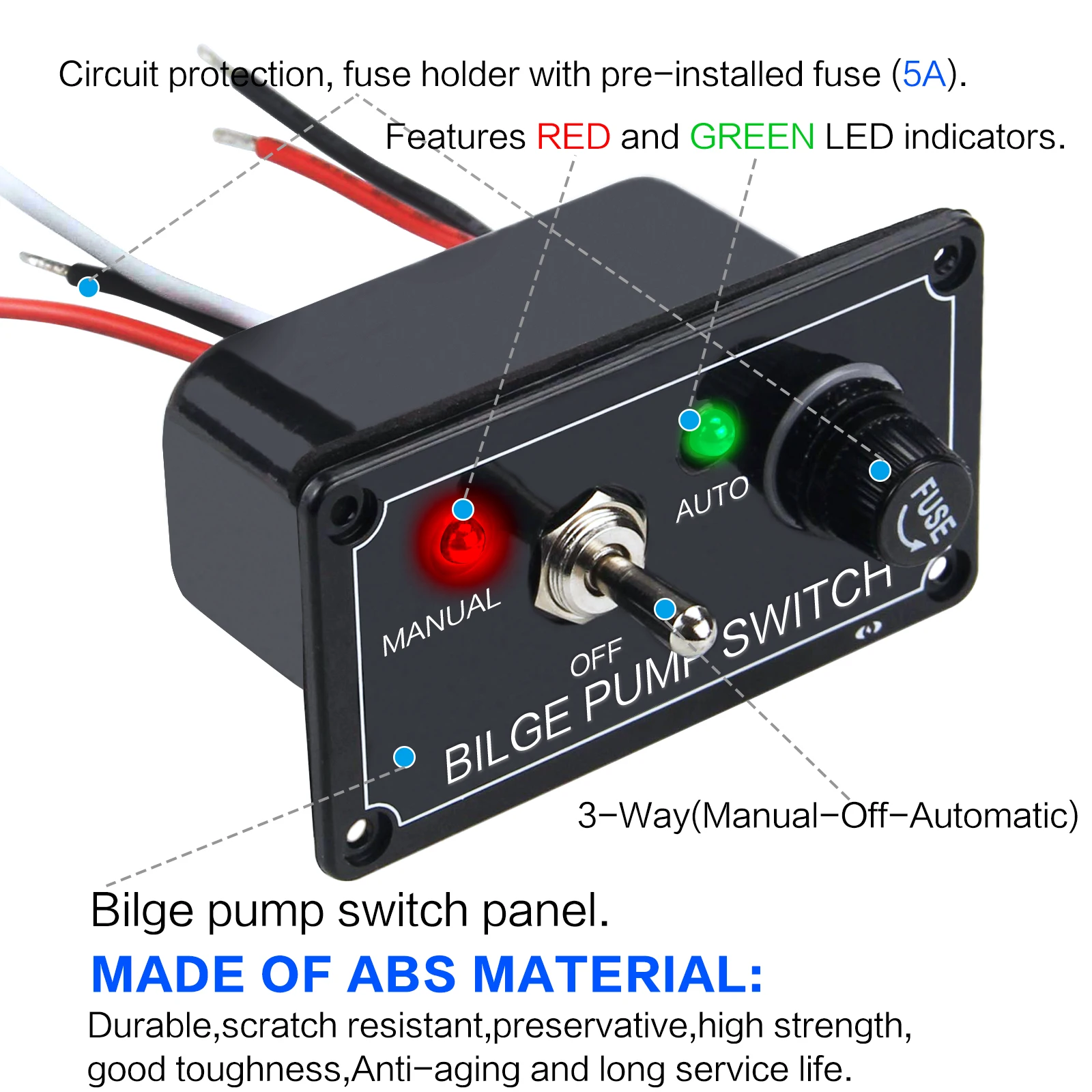 12V Bilge Pump Control Switch Panel 3 Way Manual/Off/Auto with LED Indicator 5A Fuse for Yacht Camper Truck Marine Boat