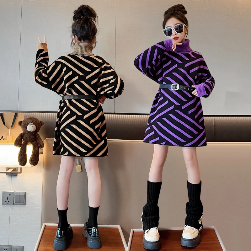 Korean Female Child Fashion Streetwear Belt Dress Kids Girl Elegant High Street Style Turtleneck Sweater Dress Cyberpunk Clothes