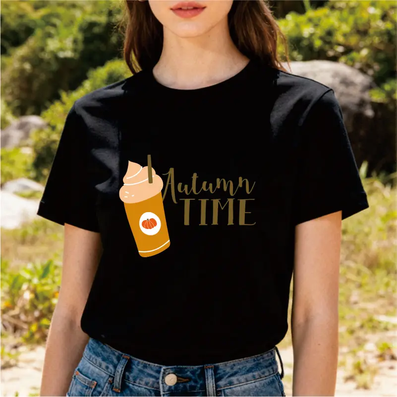 Autumn Time Coffee Cup Printed T-shirt Simple and Fresh Style Versatile Unisex Top