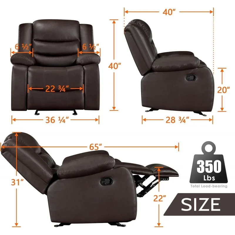 Cadeira reclinável rocker com braço estofado, couro sintético, confortável, largo, preguiçoso menino, reclinável manual, tamanho grande