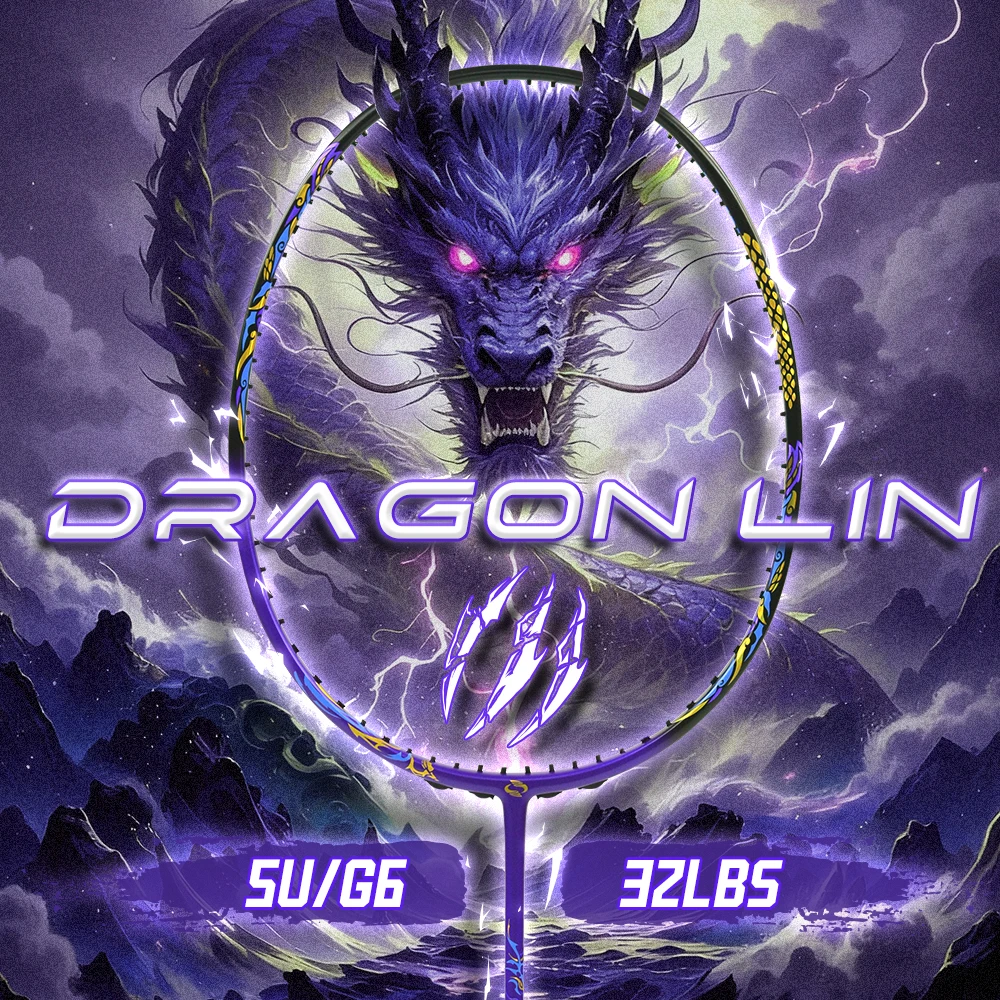 

Purple Gold Dragon Design - 100% Full Carbon Fibre Badminton Racket, T800+40T, Secondary Molding, 6.8mm Slim Shaft, 5U G6 ≤32lbs