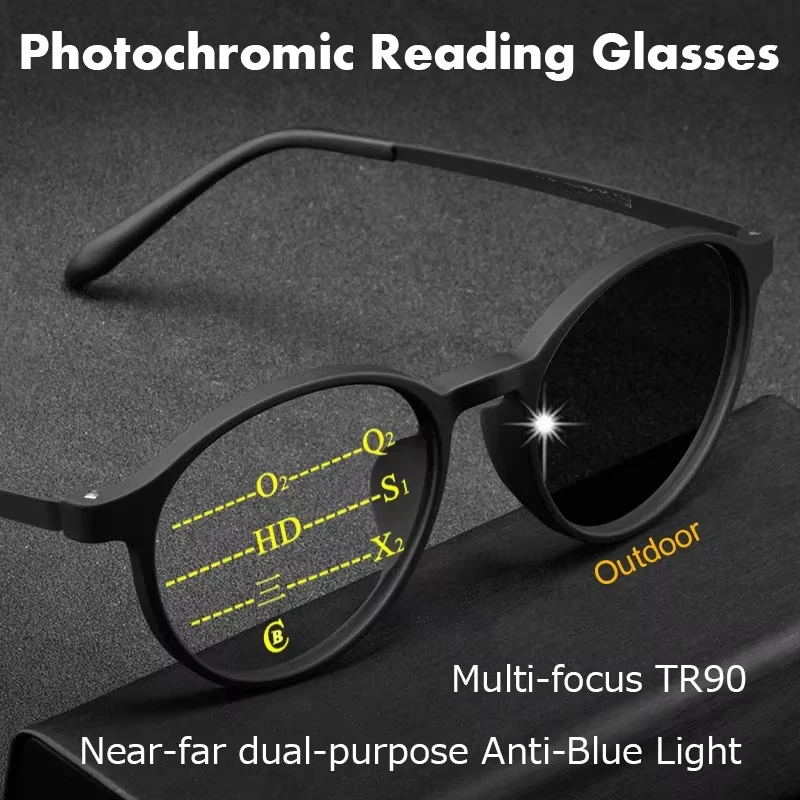Occhiali da lettura fotocromatici progressivi con montatura rotonda unisex Occhiali da vista da lavoro multi-focus in titanio puro anti-luce blu 1.0-4