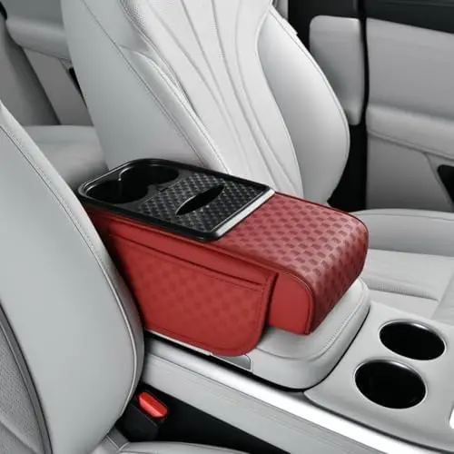 

Ergonomic Car Armrest Console with Cup Holder & Tissue Box – Universal Fit, Burgundy Checkerboard