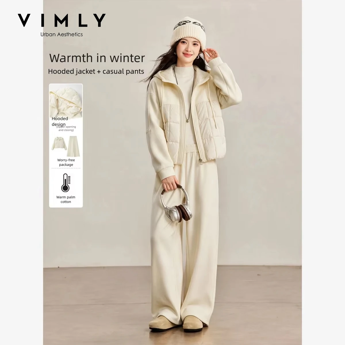 VIMLY Casual Two-piece Set for Women 2026 Winter New Hooded Jacket Wide Leg Baggy Pants Fashion Matching Outfit Female 31986