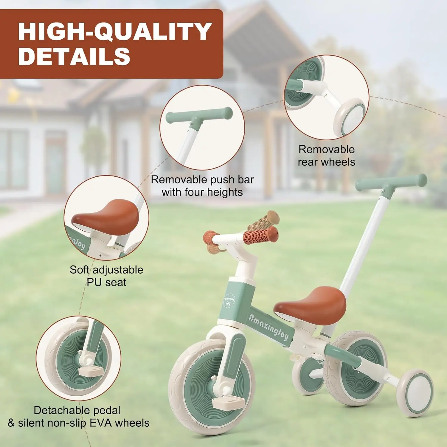 6 in 1 Toddler Tricycle with Push Handle Kids Tricycle for 2-5 Year Olds Toddler Bike for 1 Year Trikes for Kids 1-3 with Remova