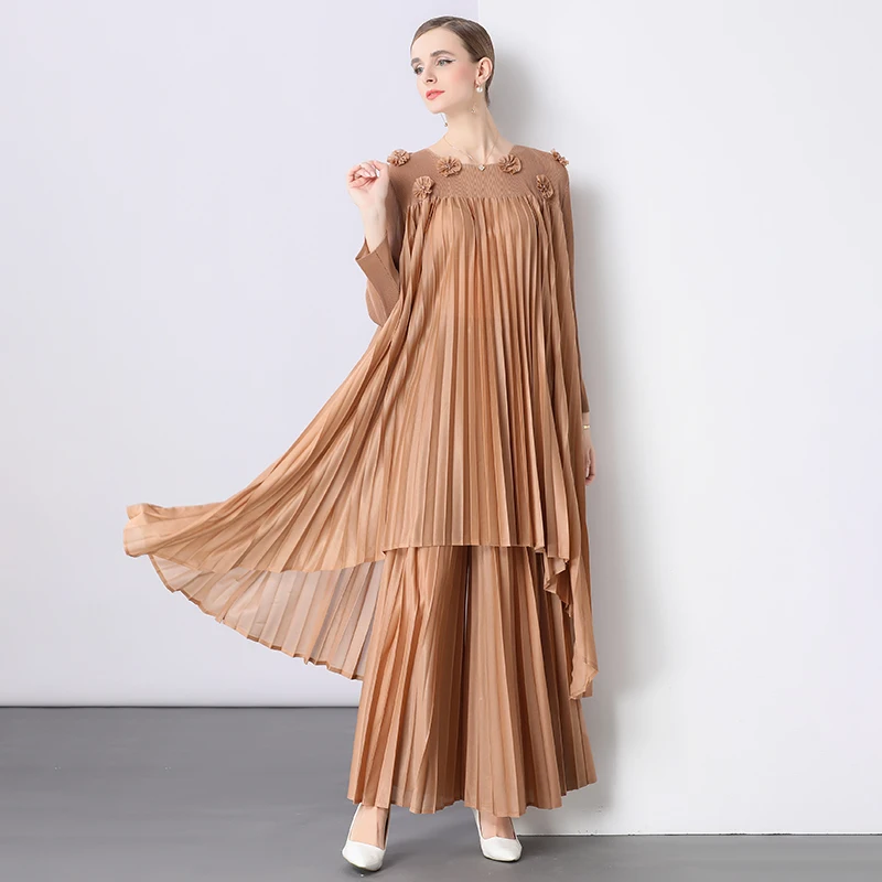 

2025 Women's Pleated Fabric 3D Flower Beaded Long-Sleeve Set High-Waist Slimming Wide-Leg Pleated Pants, Mid-Length Ruffled Top