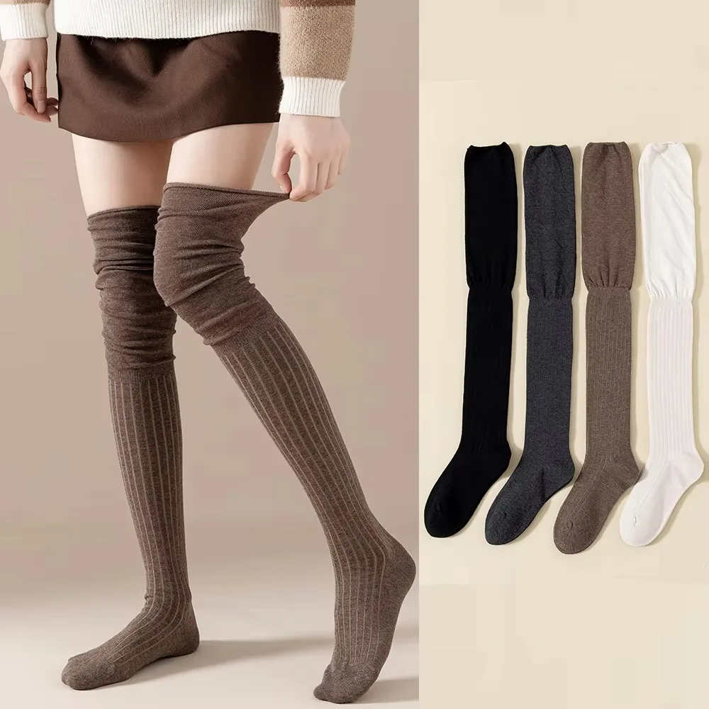 

New Pure Cotton Knee-high Socks Solid Color Keep Warm Over Knee Sock Long Tight Socks Fall Winter