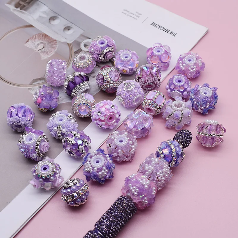 18-25mm New Color Design Acrylic Beads Handmade Purple Flower Pen Beads for Jewelry Making DIY Bead Pen Keychains Phone Chain