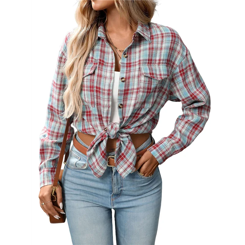 

ABP-Women's Button Down Shirt Plaid Shirt Long Sleeve Lapel Business Casual Tops Work Shirt