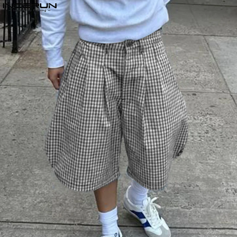 

INCERUN мужские шорты в клетку на пуговицах для бега, мужские шорты для отдыха, лето 2025 г., свободные модные повседневные мужские шорты, уличная одежда