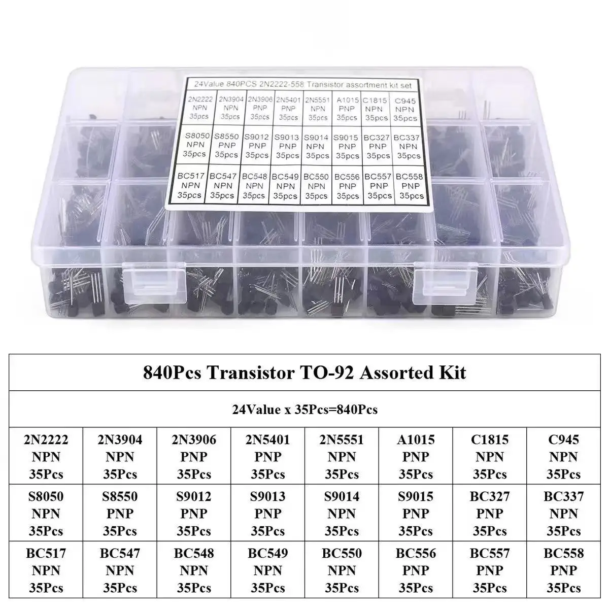 

840PCS 24 Values TO-92 Transistor Assortment Kit, Common NPN & PNP Low Power Transistors, Including 8050, C945, 8550, 9014