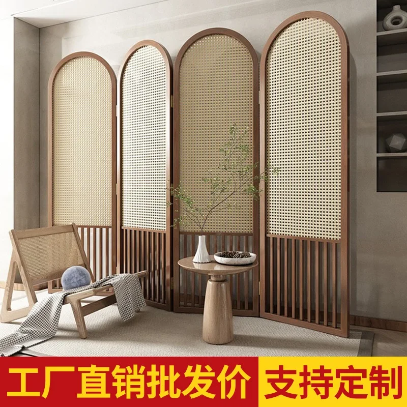 Rattan screen Solid wood foldable mobile porch block living room decoration wabi sabi home seat screen