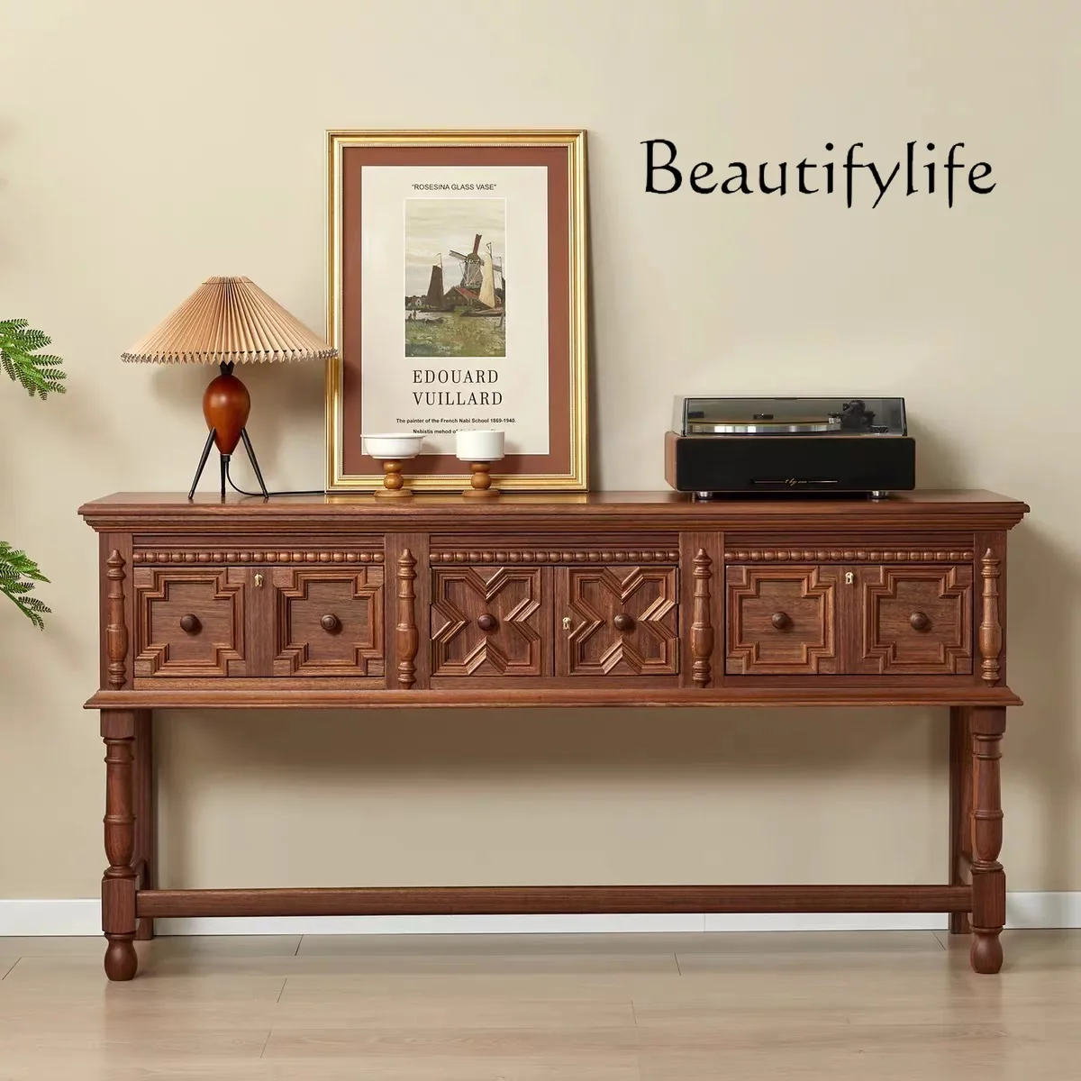 

French retro solid wood porch cabinet, living room carved foyer cabinet decorated against the wall, medium and ancient style hom
