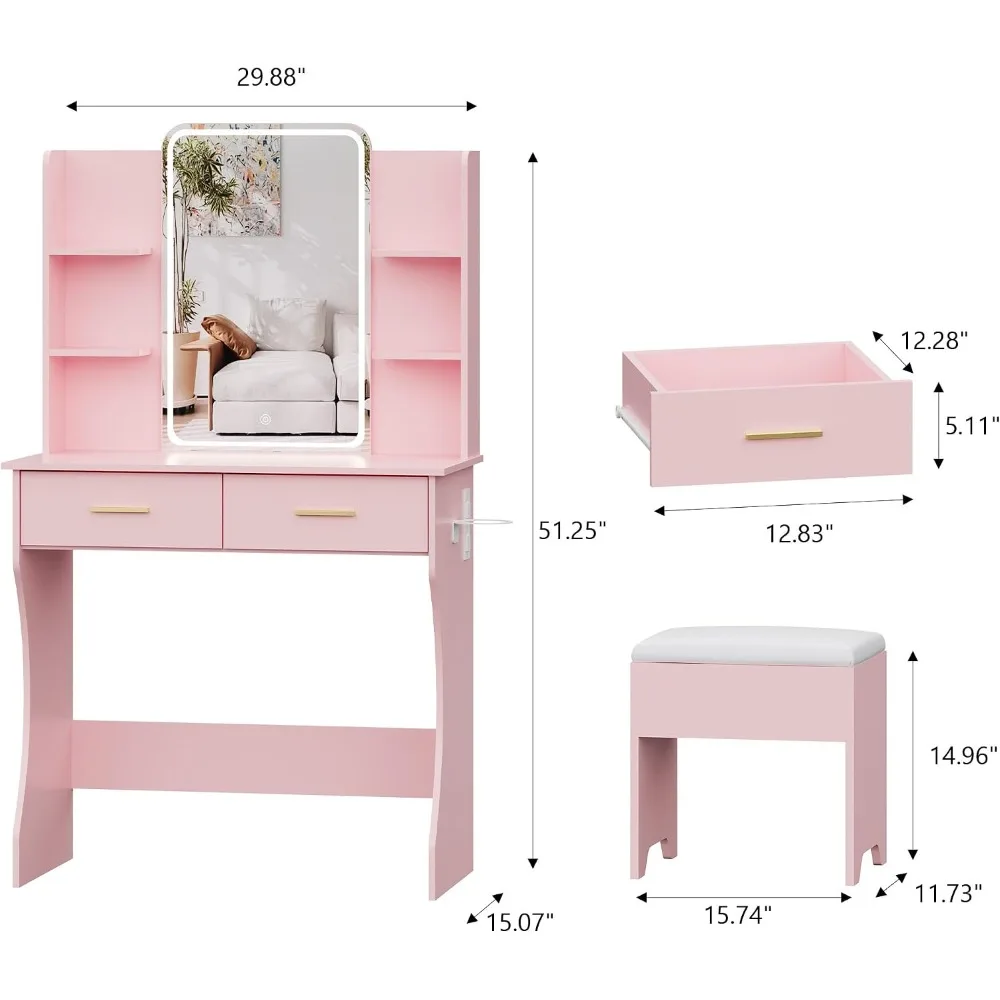 Small Pink Vanity Desk with Lighted Mirror, Chair and 3 Adjustable LED Lights for Makeup