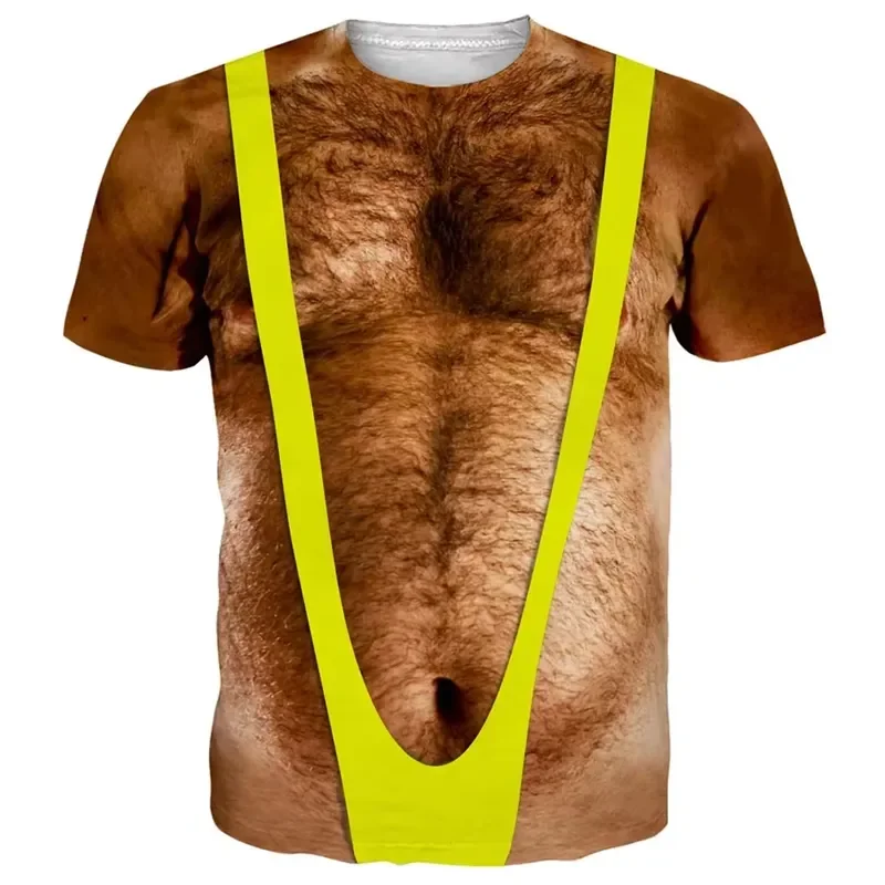 Funny 3D Printed Muscle Body T Shirt Men Ugly Chest Hair Design Short Sleeve Tee Tops Streetwear Designer Clothes Casual