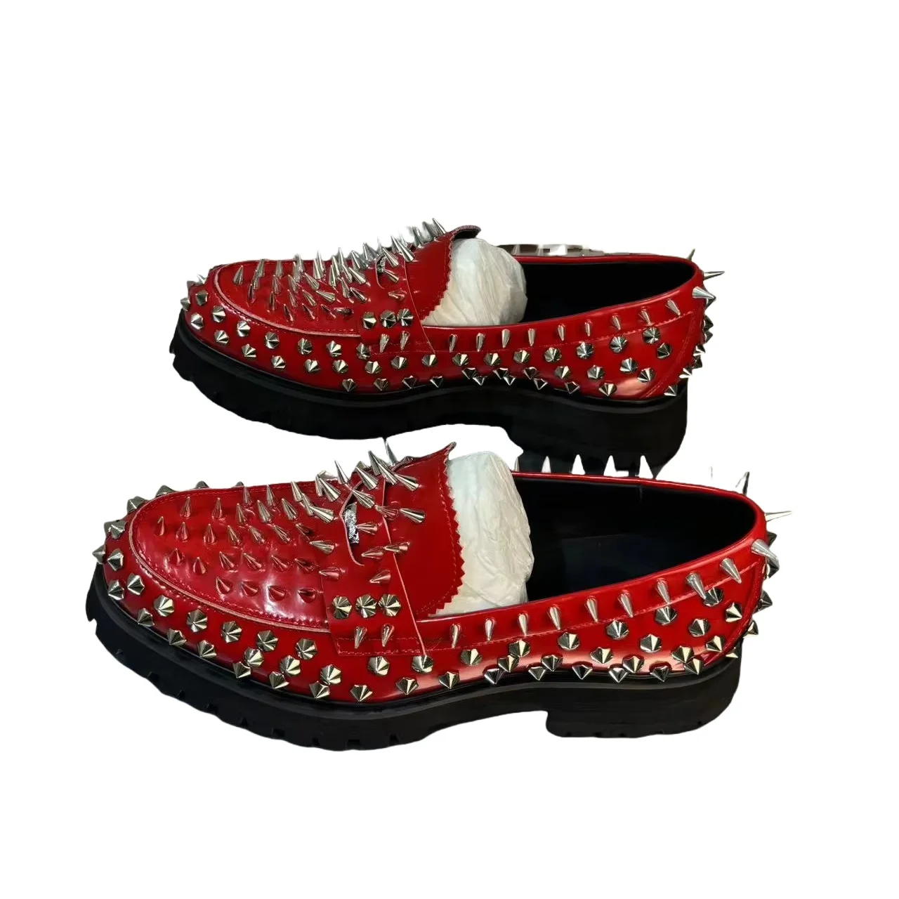 

2025 New Red Men's Dress Shoes Round Toe Low Heel Slip-On Rivet Casual Daily Office Party Stage Show Large Size Men's Shoes