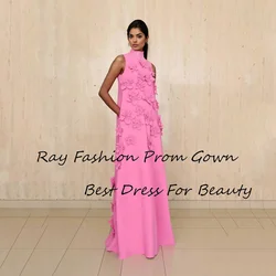 Romantic Straight Prom Dress HighNeck With Sleeveless Floor Length With Hand Made Flowers Formal Fashion Women Vestido De Noite