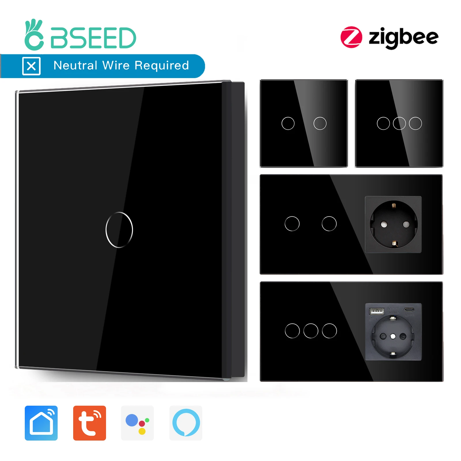 BSEED Tuya Zigbee Switch No Neutral 1/2/3Gang Wall Light Switch Google Home Alexa Control With EU Plug No Wifi