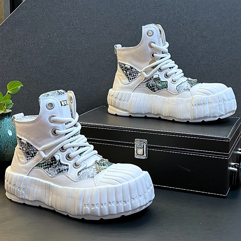 

New Arrival Men Fashion Genuine Leather Casual Boots Spring Autumn Luxury Designer Youth Trending Thick Bottom High Top Sneakers