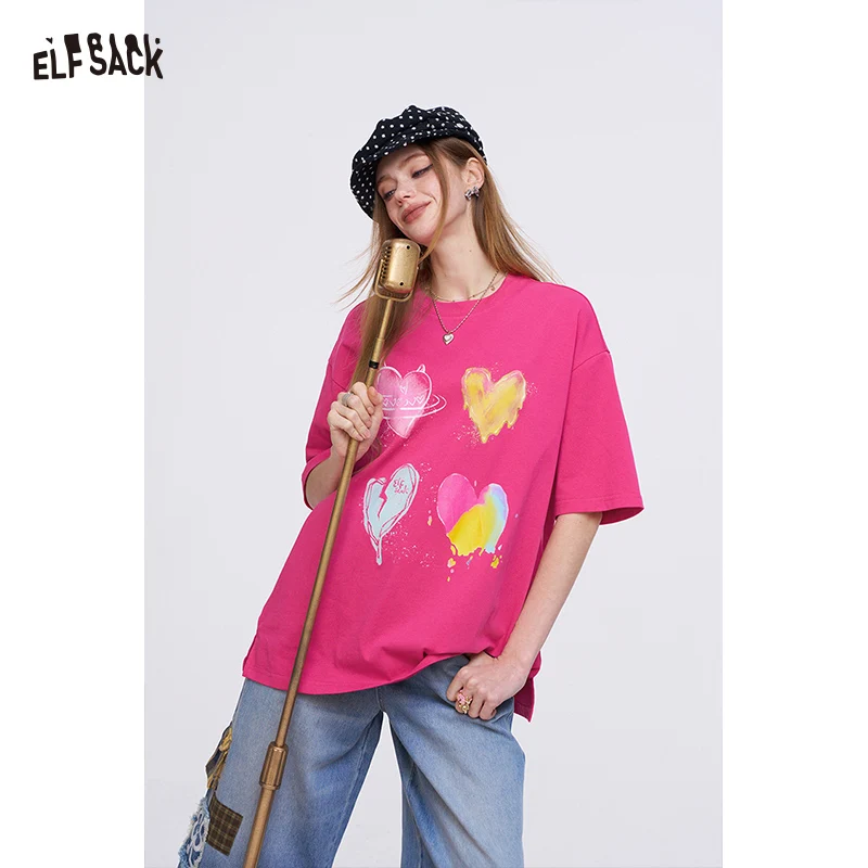 ELFSACK Women's Oversized T-Shirt with Colorful Heart Graffiti, Artistic Liquid Heart Print Tee for Summer, Chic Casual Cotton T