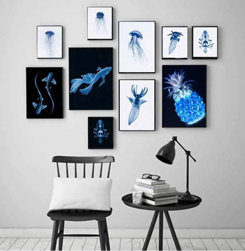 Retro Sea Animal Cyanea Jellyfish Squid Shark Minimalist Art Poster Canvas Painting Wall Prints Picture Living Room Home Deco
