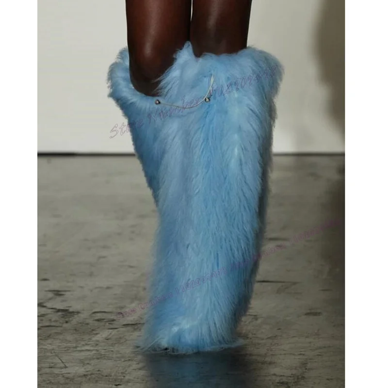 

Blue Fur Decor Knee High Boots Pointed Toe Shoes for Women Fluffy Thin High Heels Winter Warm Shoes 2023 Zapatos Para Mujere