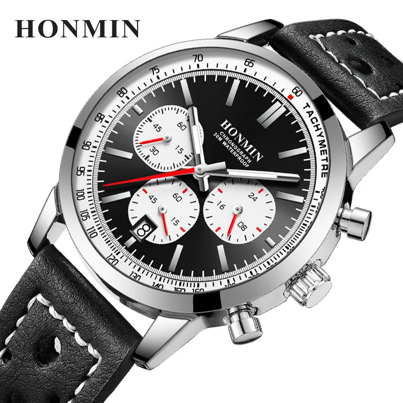 HONMIN Man Luxury Watch High Quality Waterproof Chronograph Luminous Men's Wristwatch Leather Men Quartz Watches Casual Clock