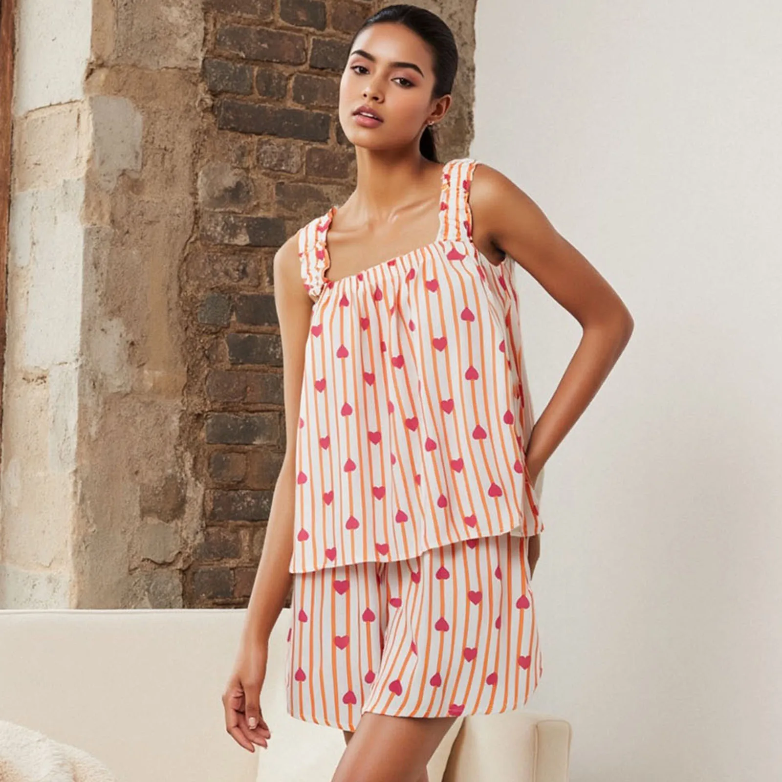 

Women’s Casual 2 Piece Outfits Pajama Sets Sleeveless Sun/Heart Print Tank Tops + Shorts Set Loungewear