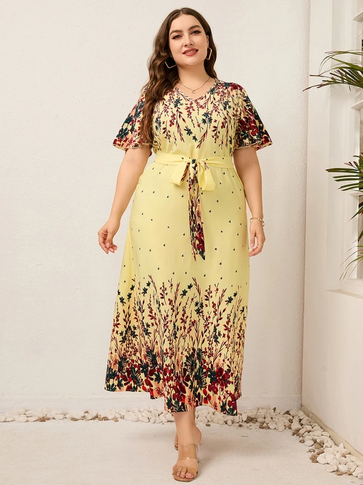 

Large Printed Women's Dress 2024 Summer New V-Neck Lace Up Casual A-Line Large Hem Dresses For Women Vestidos Elegantes Feminino