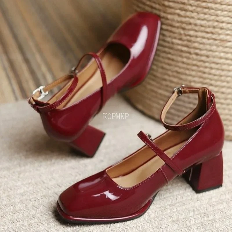 2024 Design Women Heels Mary Jane Shoes Woman Pumps Patent Leather High Heels Dress Shoes Red Wedding Shoes Spring Double Buckle