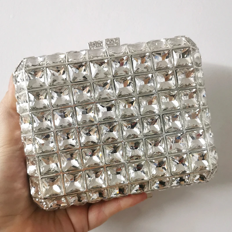 

New Luxury Silver/Gold Big Rhinestone Evening Party Bag Elegant Square Bridal Wedding Purse Women Diamond Walle Crystal Clutches