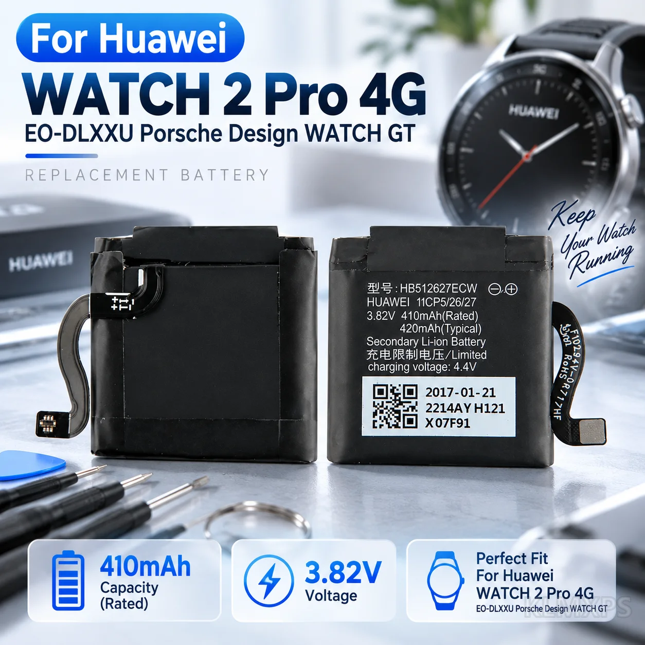 Smart Watch Replacement Battery Repair Part HB512627ECW 420mAh For Huawei WATCH 2 Pro 4G EO-DLXXU / Porsche Design WATCH GT