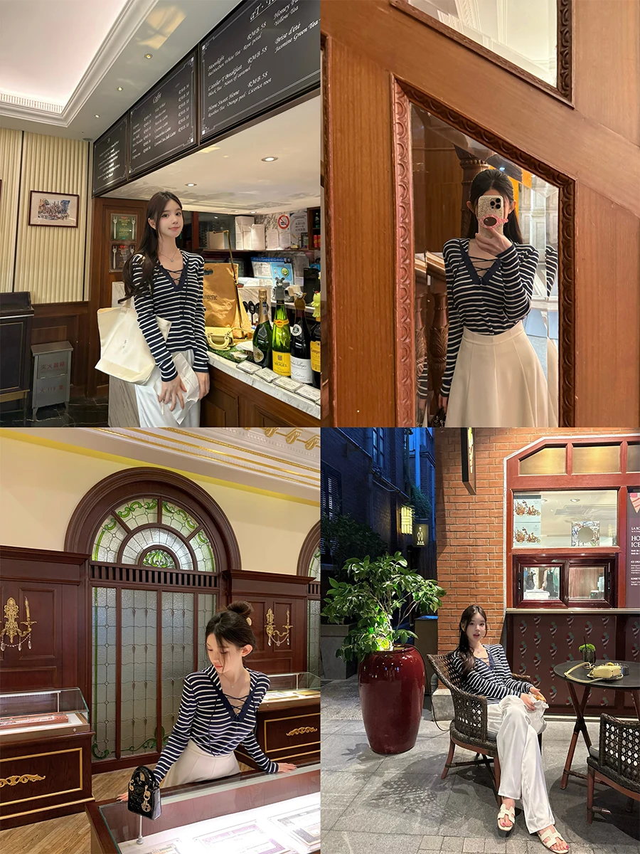 

Женский свободный пуловер Good Morning Fan Fan D0r Sea Breeze Knot из лиоцелла с воротником, в полоску, с длинными рукавами