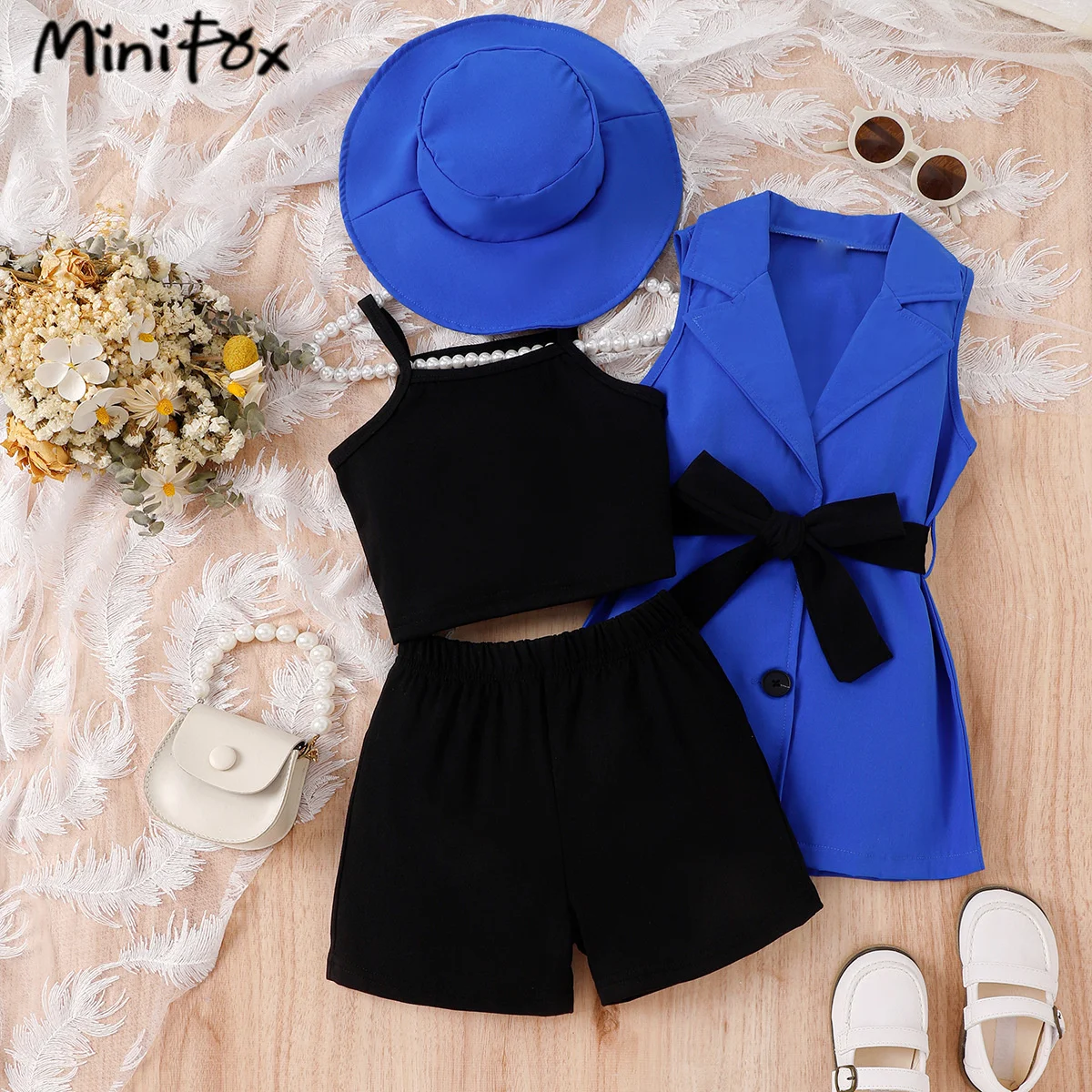 MiniFox Girls\'s Blazer Sets Elegant Belted Lapel Blazer Jacket+Black Vest+Shorts+Sun Hat 4pcs Kids Clothes Girls Outfit Suit