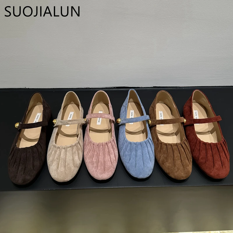 SUOJIALUN 2024 Autumn Women Flat Shoes Fashion Pleated Ladies Elegant Slip On Mary Jane Shoes Soft Sole Outdoor Dress Ballerinas