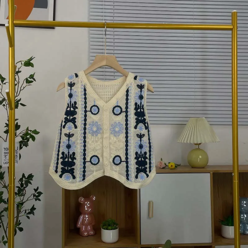 Damska luźna kamizelka z ażurowym wzorem kwiatowym w stylu retro, idealna na lato, uniwersalna, wyszczuplająca, rozpinana kurtka/kardigan/top.