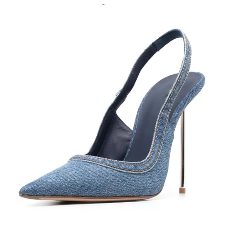 European and American Back Strap Denim High Heels, Thin Heels, Pointed Metal Heels, Stage Dance Performances, Walking Shows