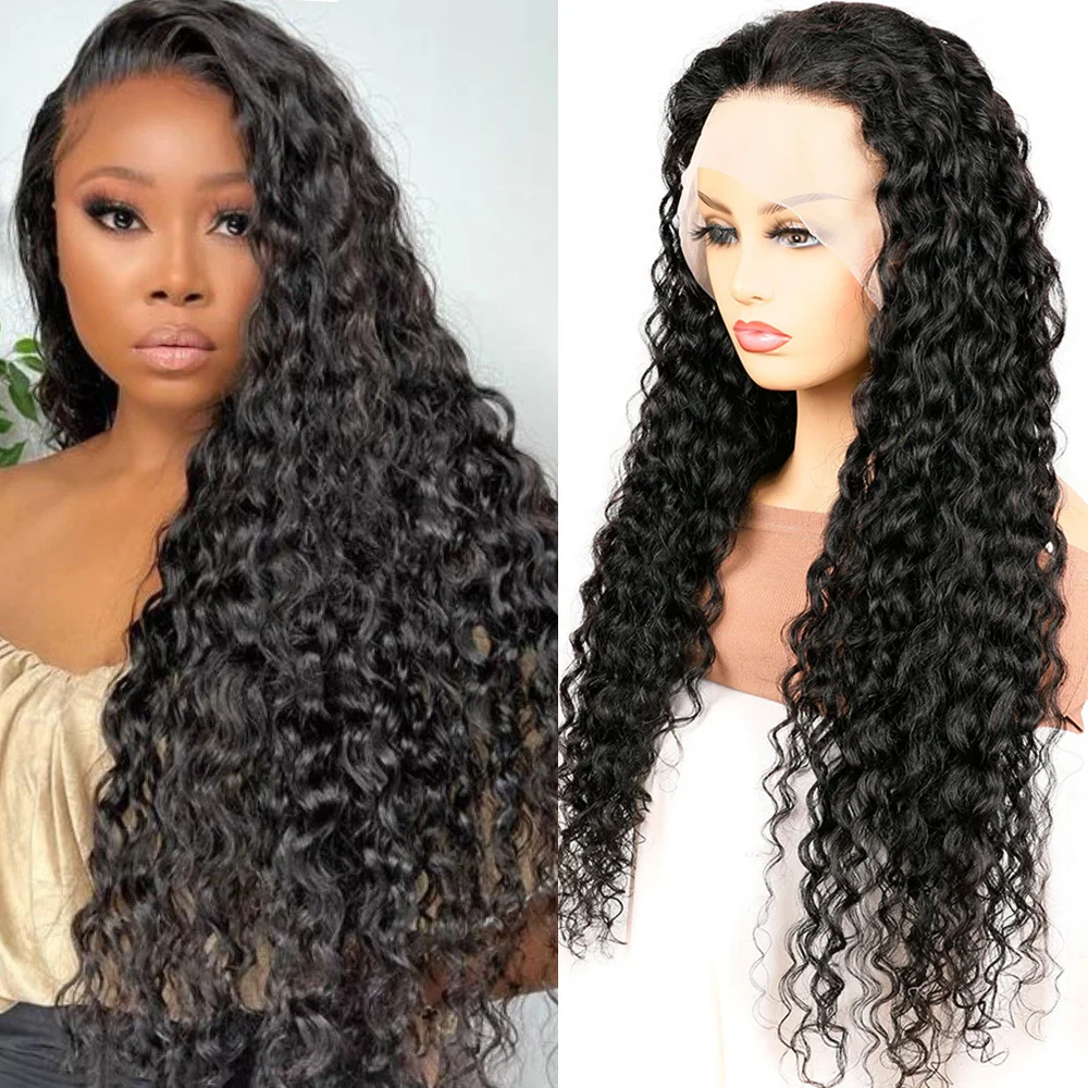

13x4 Water Wave Lace Front Wigs Transparent Human Hair Wigs for Women Deep Curly Human Hair 4X4 Lace Closure Wig 180% Density