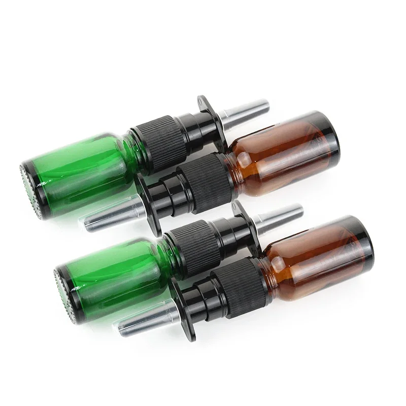 10pcs/30pcs/50pcs 10ml Empty Amber Green Glass Nasal Spray Bottle Atomizer with Black Leakproof Nasal Sprayer Top