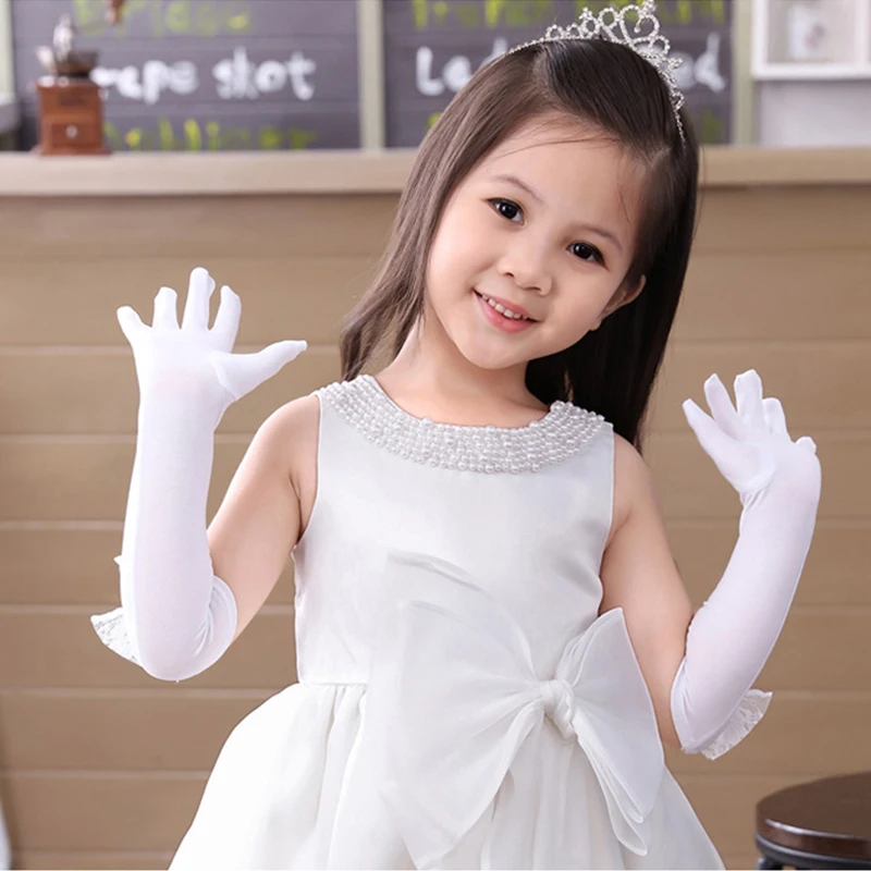 Princess Flower Girl Long Wedding Gloves Evening Party Kids Glove Birthday Pearl Lace Bowknot Performance Gloves For Child