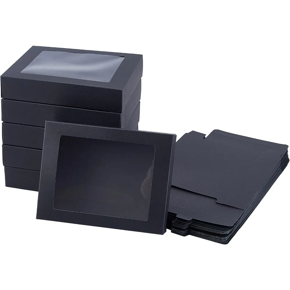 

24 Pcs Black Gift Box, Fold Paper Boxes Cookie Boxes BakeryKraft Treat Boxe with Window 13x10cm for Party Favor Treats