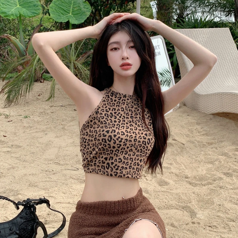 Leopard Tanks Women Y2k Hotsweet Bandage Backless Summer Beach Crop Tops Holiday Sexy Female Streetwear Charming Sleevless Chic