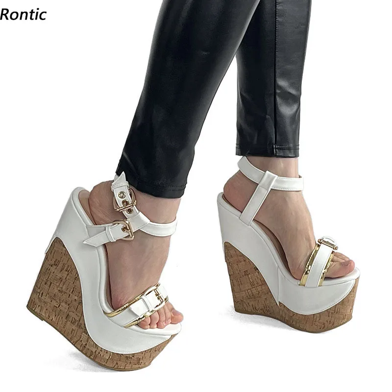 Rontic Handmade Women Gladiator Platform Sandals Wedges High Heels Round Toe Gorgeous White Party Shoes US Plus Size 4-15