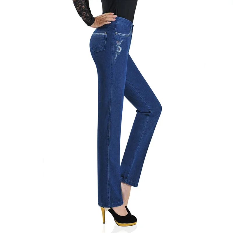 2025 Casual Pants Women Summer Jeans Elasticity Straight Pants Embroidery Middle-Aged Female High Waist Denim Pants 2655