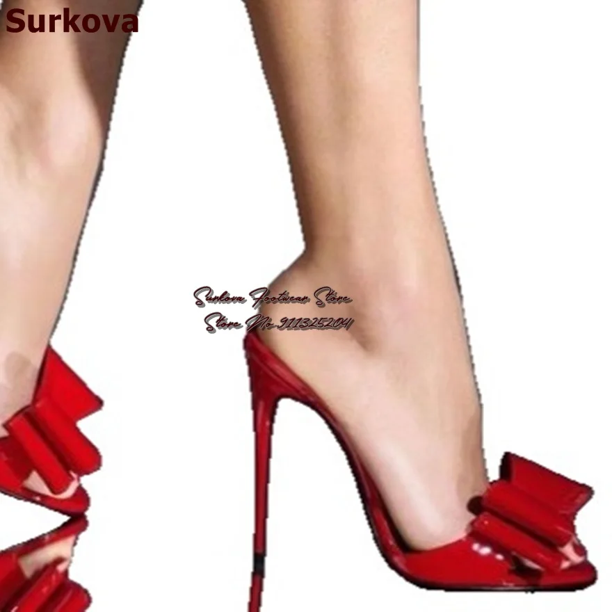 Surkova Hot Red Patent Leather Butterfly-Knot Modern Slippers Girl's Mirror Leather Bowtie Slip-On Mules Stiletto Heel Sandals