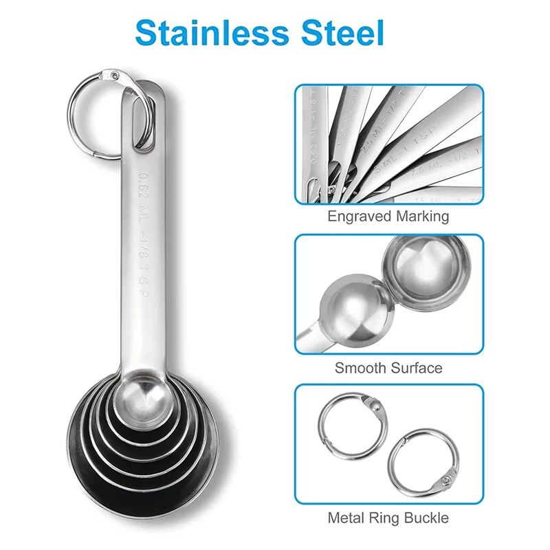 

Stainless Steel Measuring Spoons Cups Set, Small Tablespoon, Teaspoons, Set 6 with Bonus Leveler, for Dry and LiquidJAS