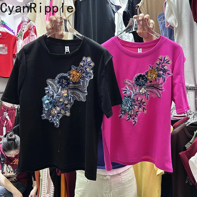 

Модная женская футболка с коротким рукавом на весну-лето, с вышивкой цветов и бисером, универсальный пуловер с круглым вырезом, хлопковые базовые футболки